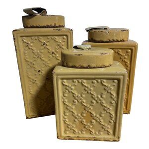 Vintage Style Yellow Ceramic Canister Set Of 3 With Lids Distressed Finish